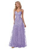 Spaghetti Strap Sparkly Prom Dress for Women Long Tulle Lace Formal Dress Laces Evening Party Gown
