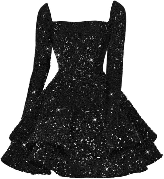 Sequin Short Homecoming Dress for Teen Sparkly Long Sleeve Prom Sweet 16 Dresses Cocktail Gowns