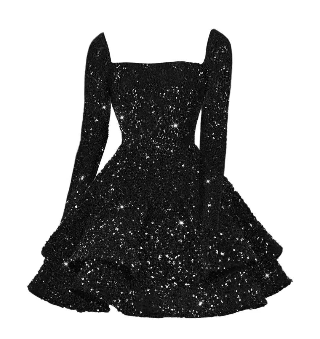 Sequin Short Homecoming Dress for Teen Sparkly Long Sleeve Prom Sweet 16 Dresses Cocktail Gowns