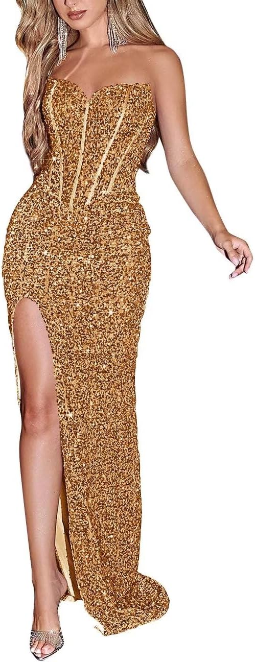 Sparkly Sequin Prom Dresses for Women 2025 Long Mermaid Strapless Glitter Formal Evening Prom Ball Gown with Slit