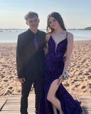 Sparkly Mermaid Sequin Prom Dresses for Women Long Spaghetti Straps V-Neck Formal Evening Party Gowns with Slit
