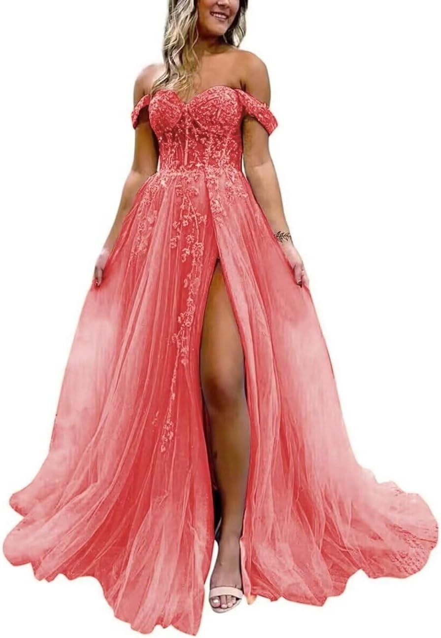 Off The Shoulder Tulle Prom Dress with Laces Applique A-line Slit Long Ball Gowns Glitter Formal Evening Dress