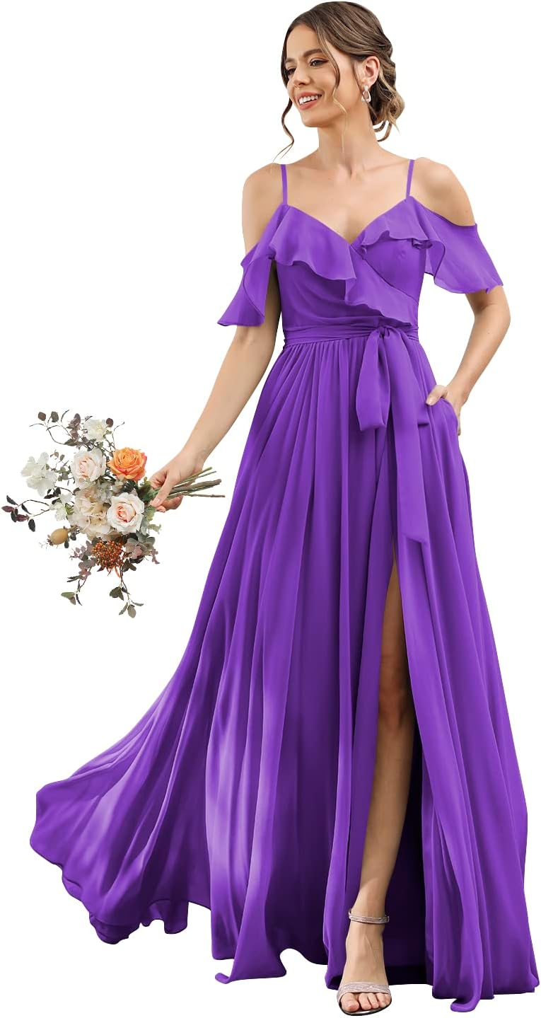 Women's Bridesmaid Dresses with Slit Long Cold Shoulder Chiffon Formal Party Dress with Pockets