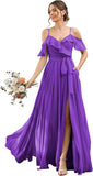 Women's Bridesmaid Dresses with Slit Long Cold Shoulder Chiffon Formal Party Dress with Pockets