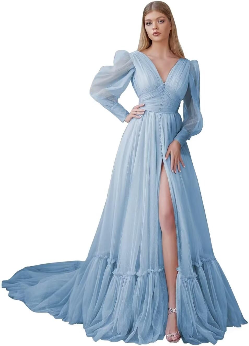 Puffy Sleeve Tulle Prom Dresses Long Ball Gown with Slit for Women 2027 V Neck Long Formal Evening Gowns