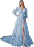Puffy Sleeve Tulle Prom Dresses Long Ball Gown with Slit for Women 2027 V Neck Long Formal Evening Gowns
