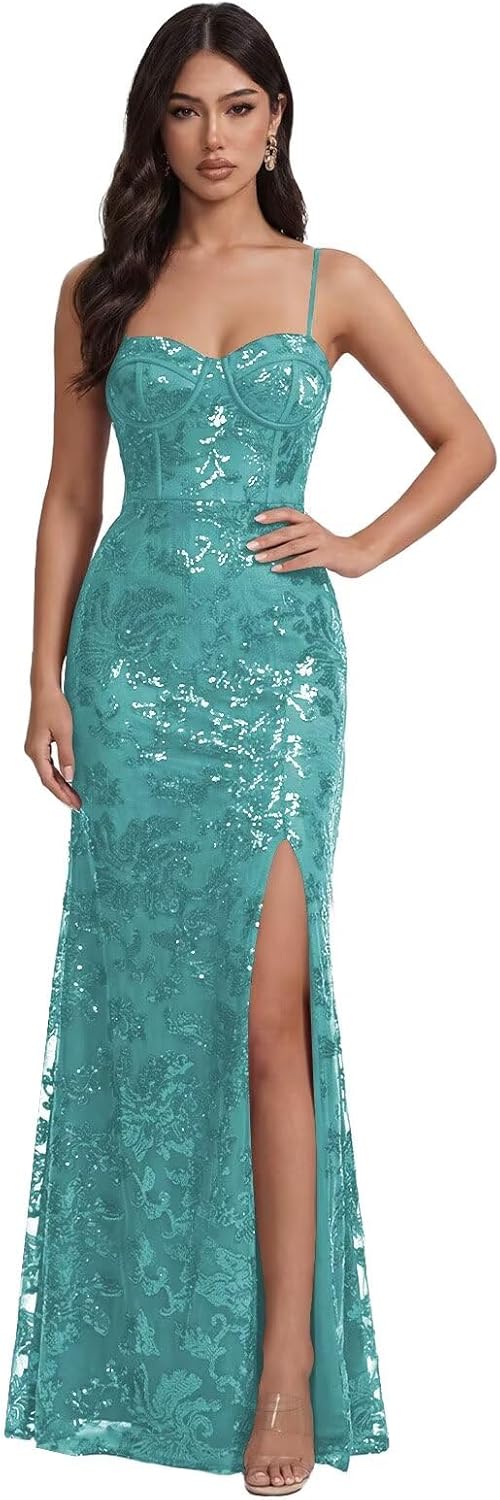 Mermaid Sequin Lace Prom Dresses Long for Women 2026 Spaghetti Straps Corset Formal Evening Party Gown with Slit