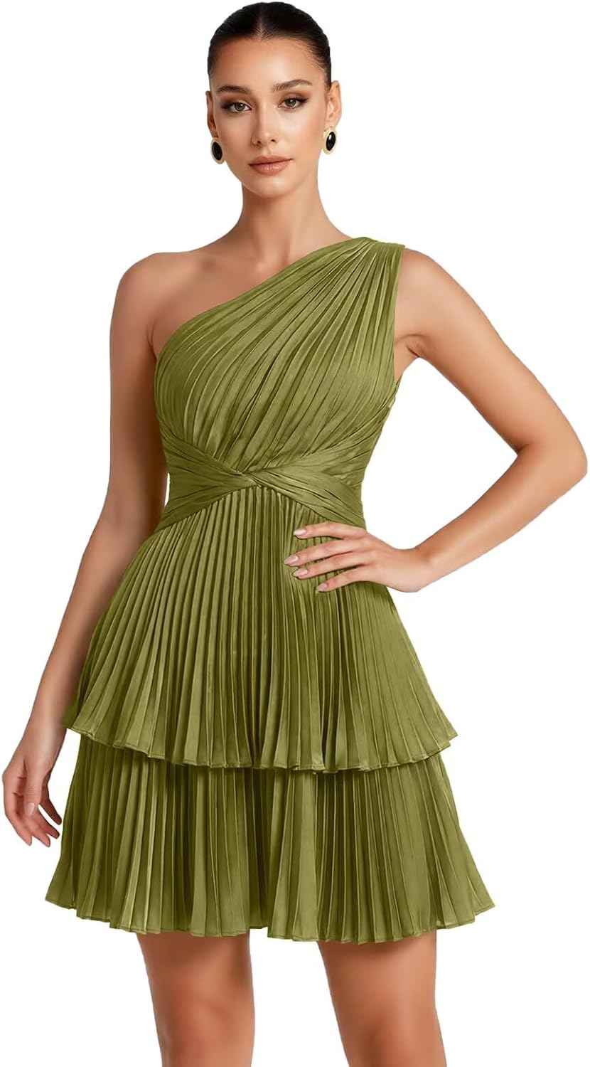 One Shoulder Satin Homecoming Dresses for Teens 2026 Short A-line Prom Dress Pleated Tiered Cocktail Party Gowns