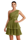 One Shoulder Satin Homecoming Dresses for Teens 2026 Short A-line Prom Dress Pleated Tiered Cocktail Party Gowns