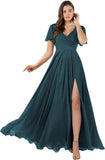 Damen Brautjungfernkleider mit Flatterärmeln, lang, mit Schlitz, V-Ausschnitt, Chiffon, formelle Kleider 