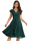 Short Chiffon Bridesmaid Dresses for Women V Neck Flutter Sleeves Ruffle Formal Cocktail Gowns with Pockets