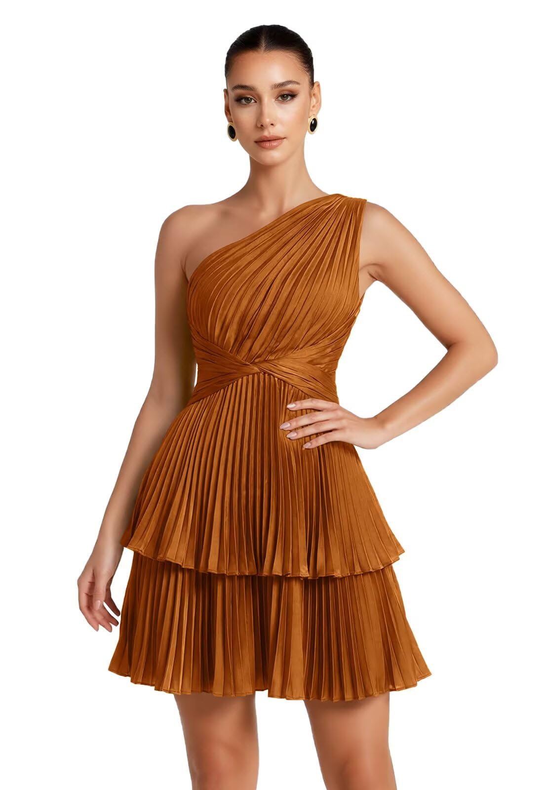 One Shoulder Satin Homecoming Dresses for Teens 2026 Short A-line Prom Dress Pleated Tiered Cocktail Party Gowns