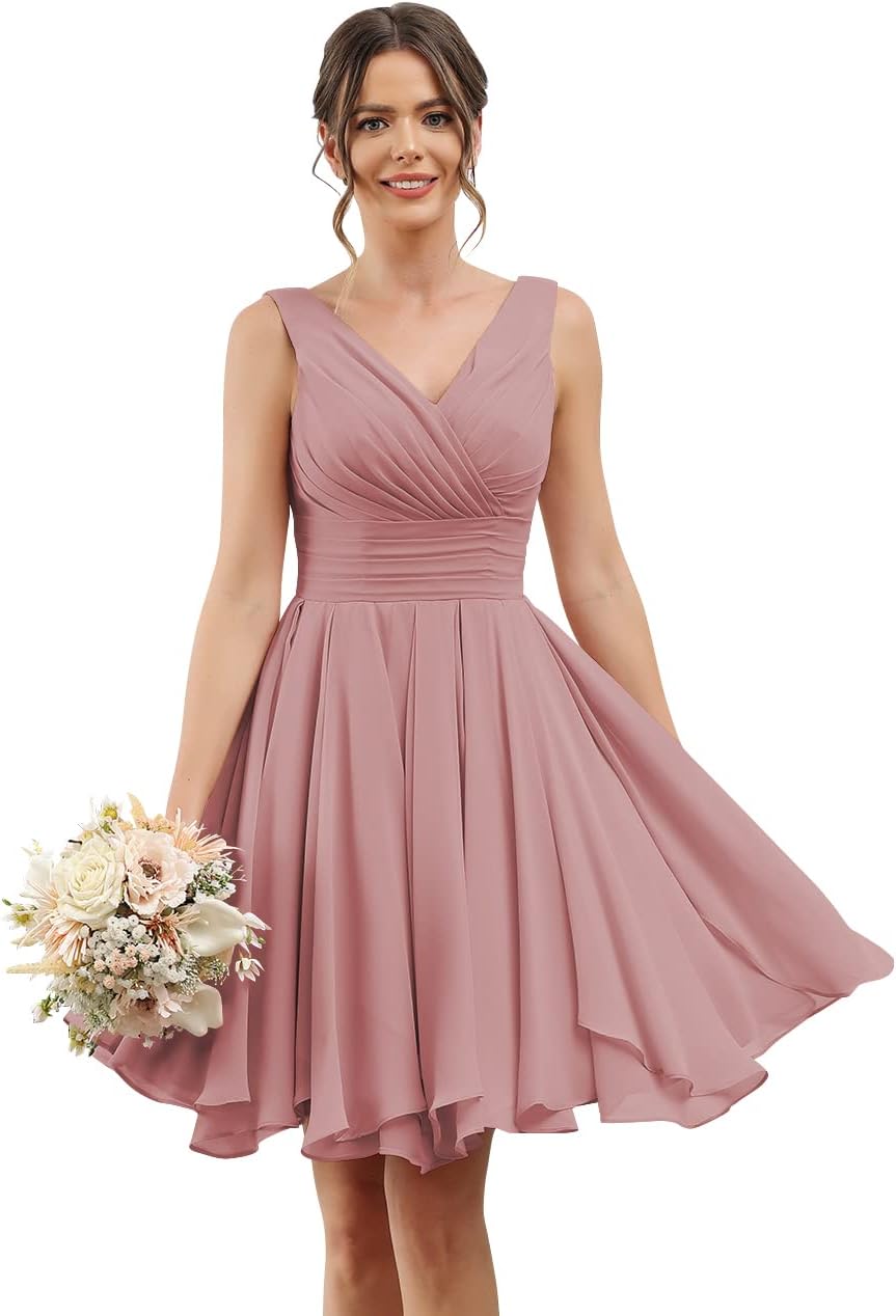 Double V Neck Short Bridesmaid Dresses for Women 2025 Chiffon A Line Formal Evening Gowns with Pockets