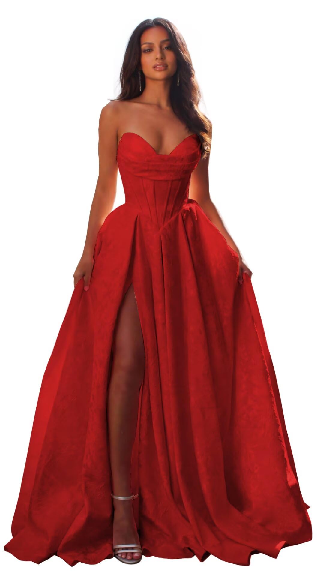 Jacquard Satin Prom Dresses with Slit Strapless Corset A Line Long Formal Evening Gowns
