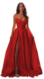 Jacquard Satin Prom Dresses with Slit Strapless Corset A Line Long Formal Gowns