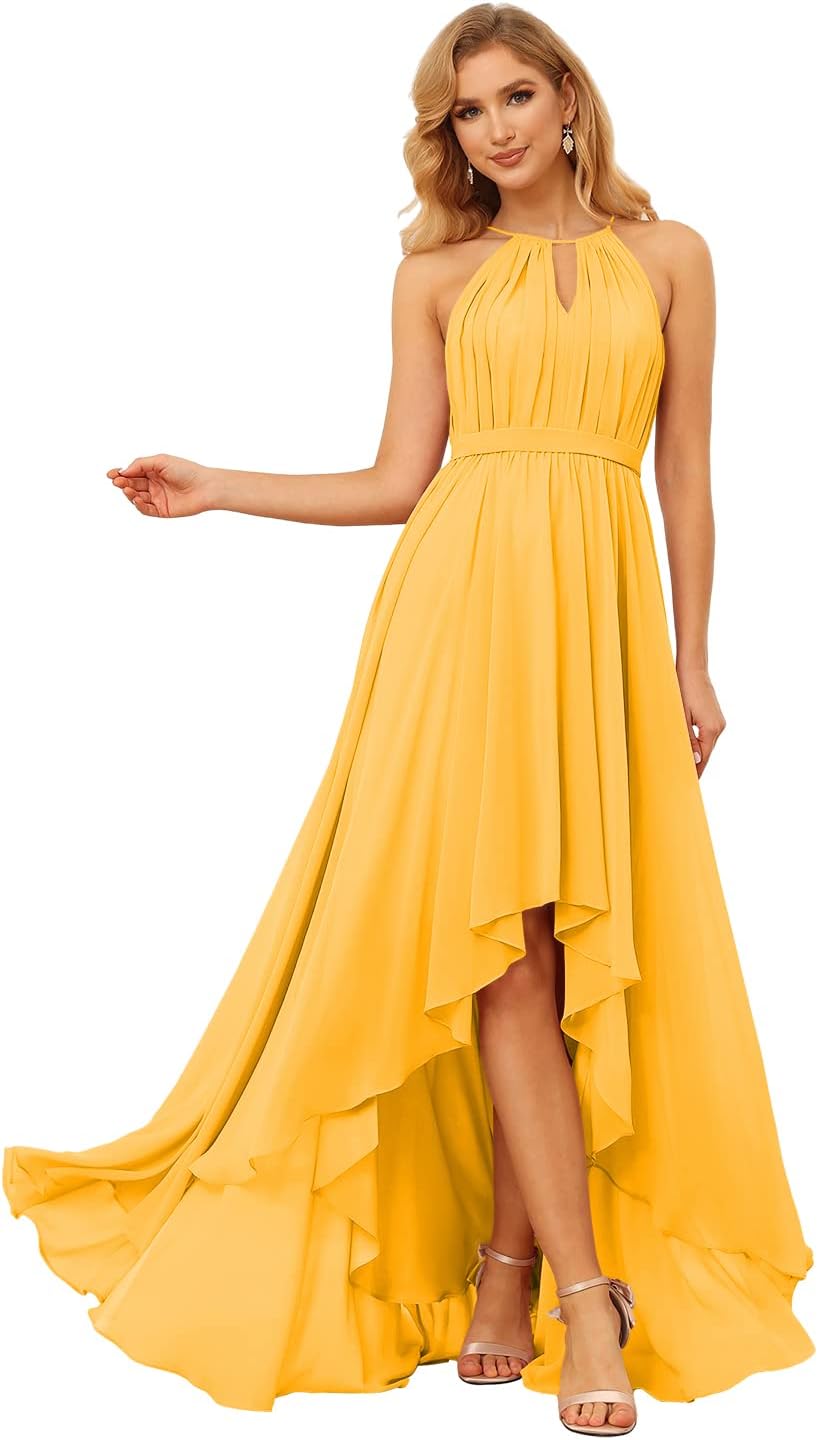 Damen Neckholder Brautjungfernkleider Lang mit Taschen High-Low Falten Formelles Kleid für Hochzeit 