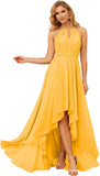 Damen Neckholder Brautjungfernkleider Lang mit Taschen High-Low Falten Formelles Kleid für Hochzeit 