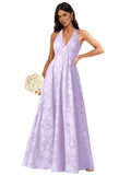 Floral Lace Bridesmaid Dresses for Women Long V Neck A-Line Open Back Halter Formal Evening Gown