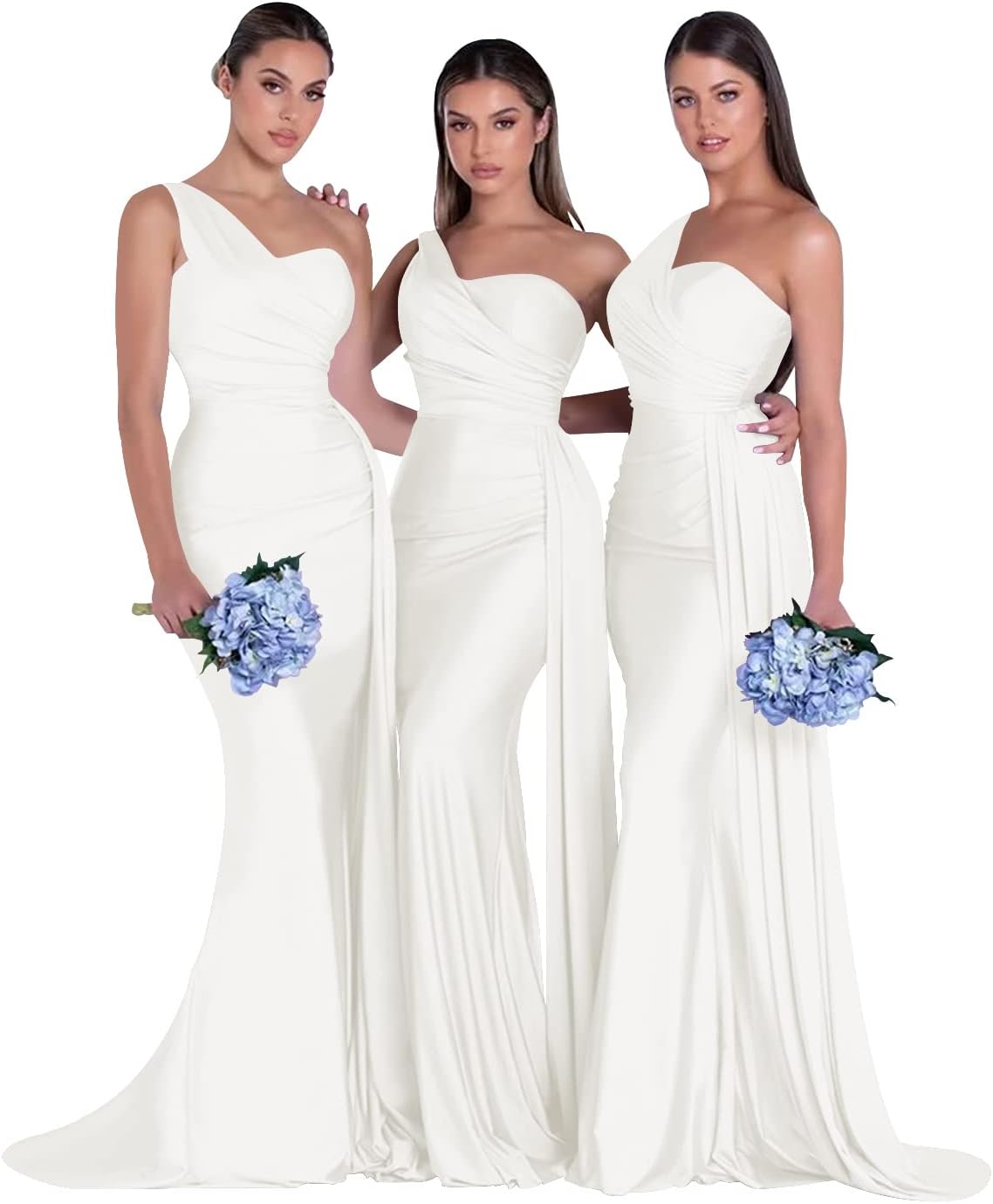 Women's One Shoulder Mermaid Bridesmaid Dresses Long Ruched Bodycon Satin Formal Prom Gowns