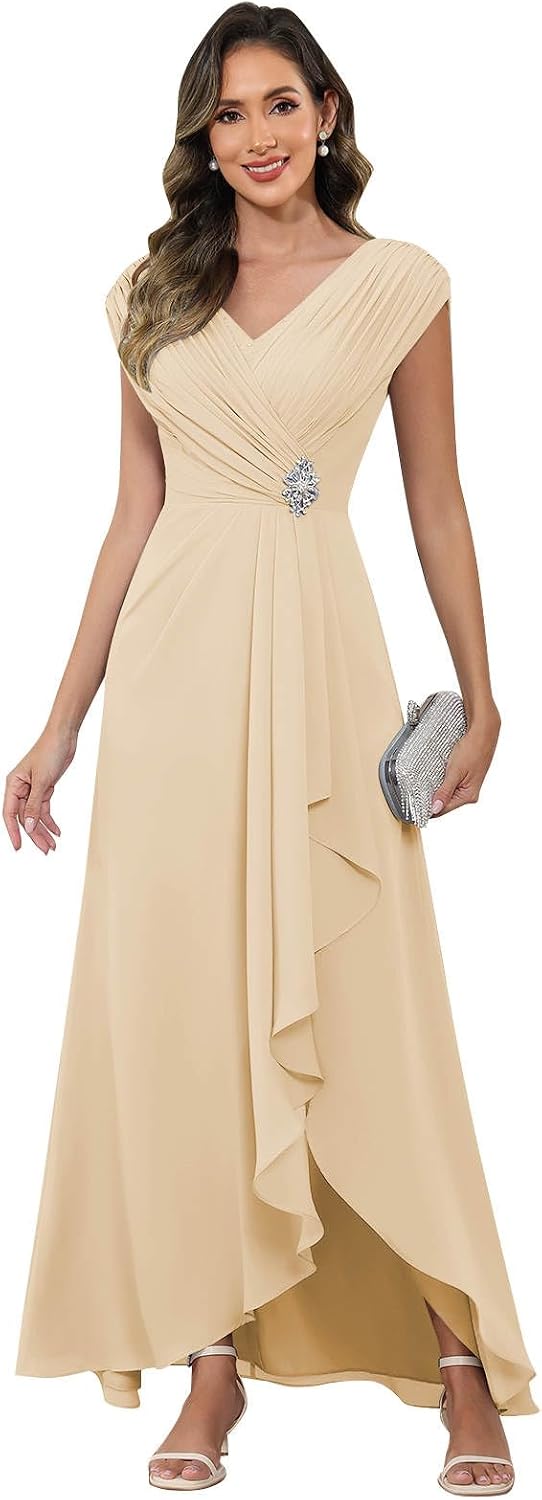 Cap Sleeve Mother of The Bride Dresses Chiffon V Neck Beaded Ruffles A Line Long Formal Evening Dress