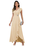 Cap Sleeve Mother of The Bride Dresses Chiffon V Neck Beaded Ruffles A Line Long Formal Evening Dress