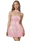 Strapless Sequin Homecoming Dresses for Teens Short Prom Dress Sparkly A-Line Cocktail Party Gowns with Pockets