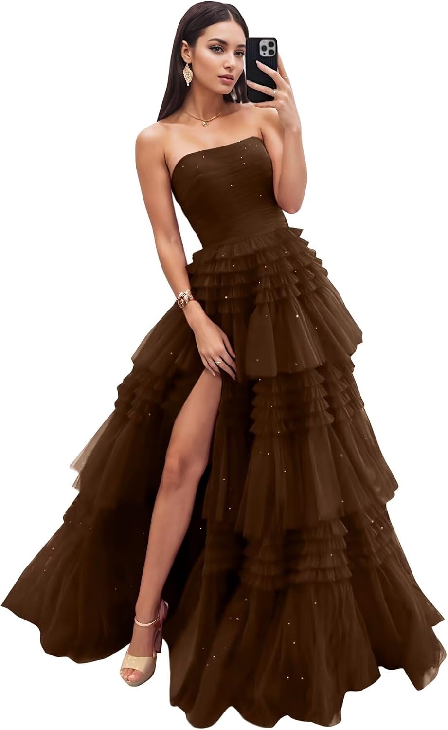 Strapless Tiered Tulle Prom Dresses for Women 2027 Long Sparkly A-Line Formal Evening Party Ball Gowns with Slit