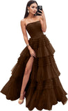 Strapless Tiered Tulle Prom Dresses for Women 2027 Long Sparkly A-Line Formal Evening Party Ball Gowns with Slit