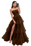 Strapless Tiered Tulle Prom Dresses for Women 2027 Long Sparkly A-Line Formal Evening Party Ball Gowns with Slit