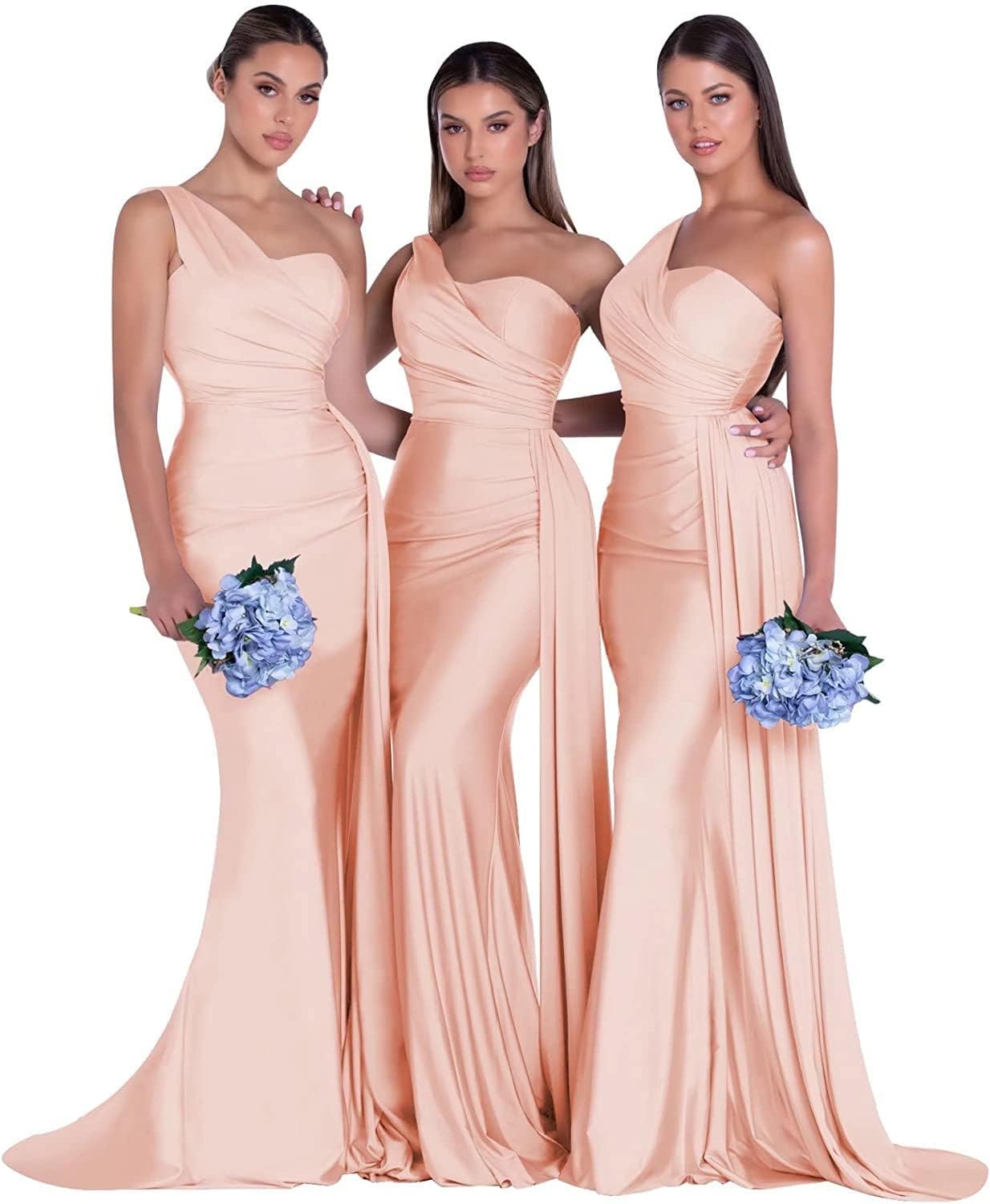 Women's One Shoulder Mermaid Bridesmaid Dresses Long Ruched Bodycon Satin Formal Prom Gowns