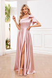 One Shoulder Bridesmaid Dresses for Women 2027 Long Satin A-line Formal Evening Party Dress with Slit