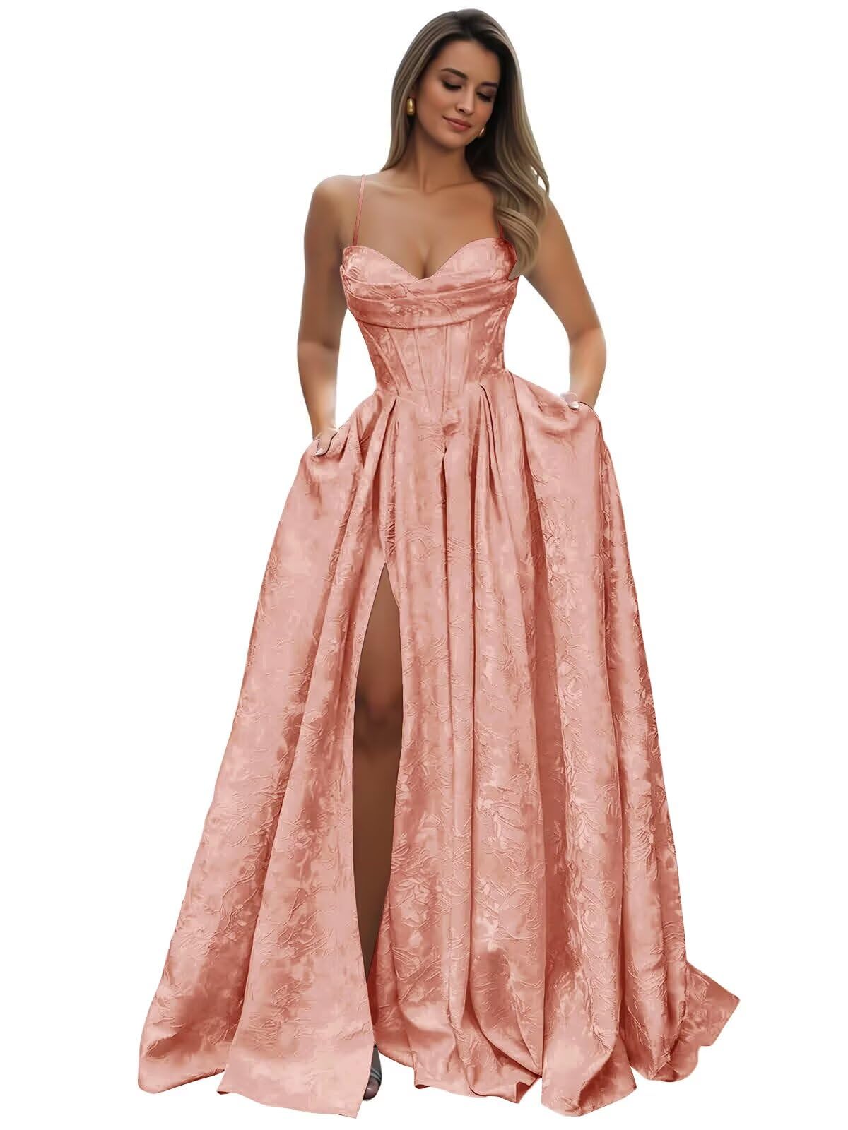 Satin Spaghetti Straps Prom Dresses for Women Jacquard Aline Backless Formal Evening Party Ball Gowns with Pockets
