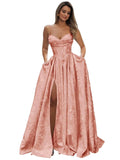 Satin Spaghetti Straps Prom Dresses for Women Jacquard Aline Backless Formal Evening Party Ball Gowns with Pockets