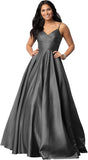 Women's Spaghetti Straps Satin Prom Dresses with Pockets V Neck Pleated Formal Evening Ball Gowns