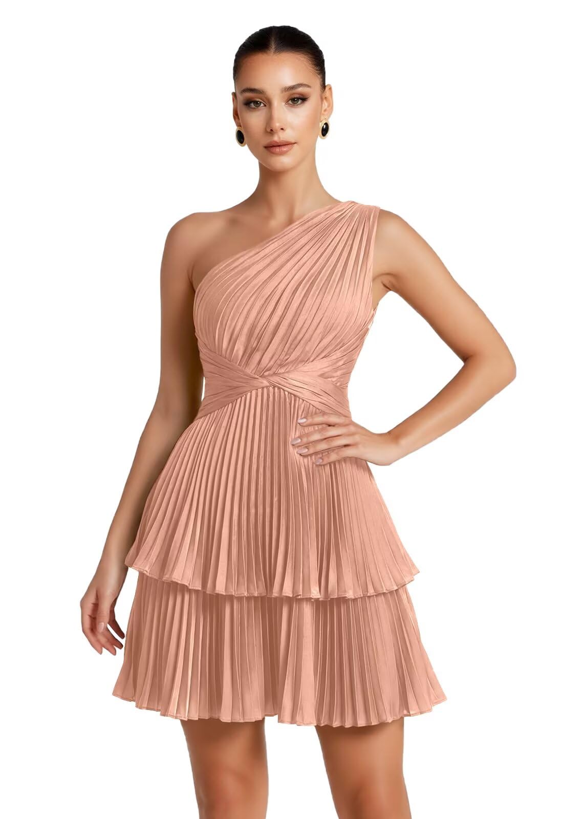 One Shoulder Satin Homecoming Dresses for Teens 2026 Short A-line Prom Dress Pleated Tiered Cocktail Party Gowns