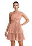 One Shoulder Satin Homecoming Dresses for Teens 2026 Short A-line Prom Dress Pleated Tiered Cocktail Party Gowns