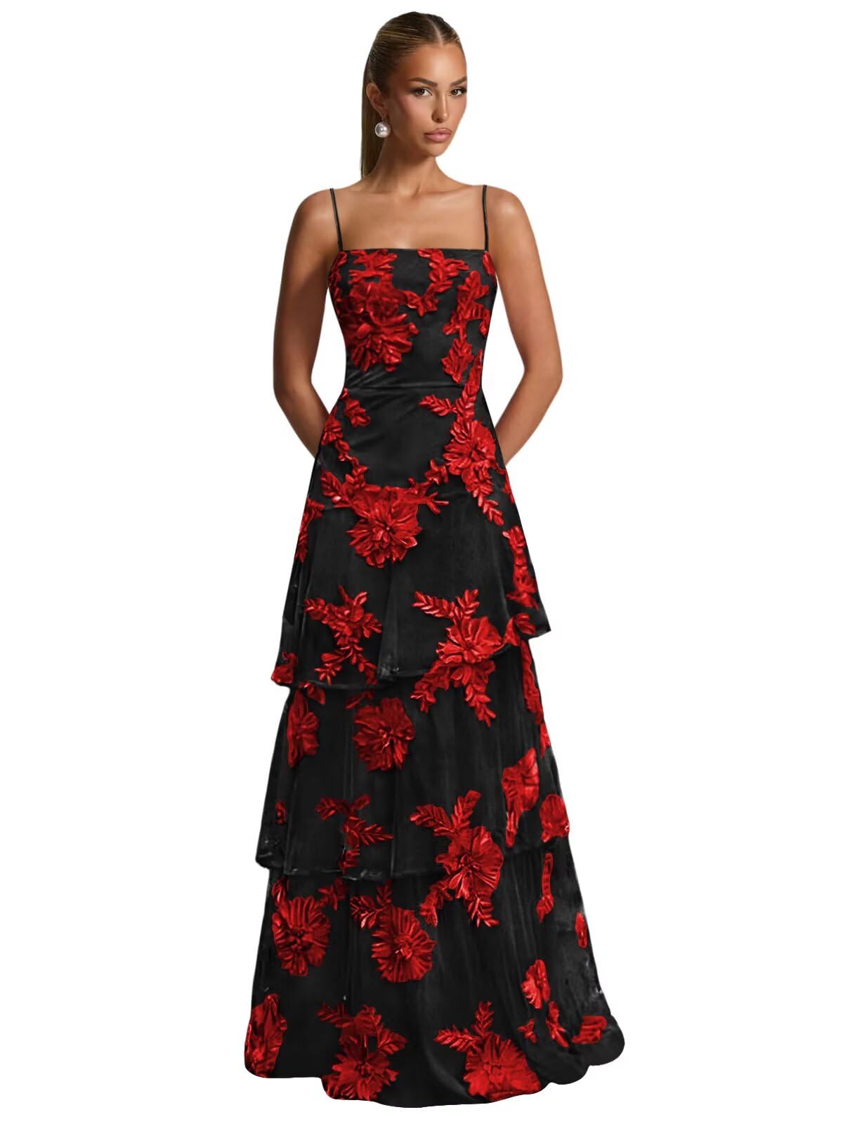 Ruffle Floral Embroidery Prom Dress Long A Line Tiered Bridesmaid Dresses Formal Evening Gowns
