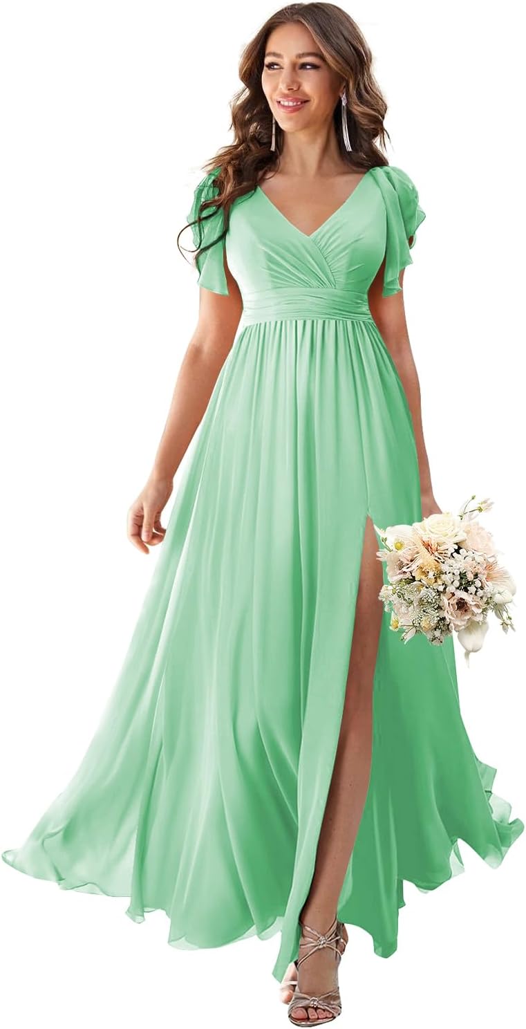 V Neck Flutter Sleeves Bridesmaid Dresses with Slit 2025 Chiffon Aline Pleats Formal Evening Gowns for Women
