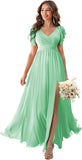 V Neck Flutter Sleeves Bridesmaid Dresses with Slit 2025 Chiffon Aline Pleats Formal Evening Gowns for Women