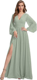 Womens V-Neck Long Sleeve Bridesmaid Dresses with Slit 2024 Ruched A-line Chiffon Prom Formal Dresses