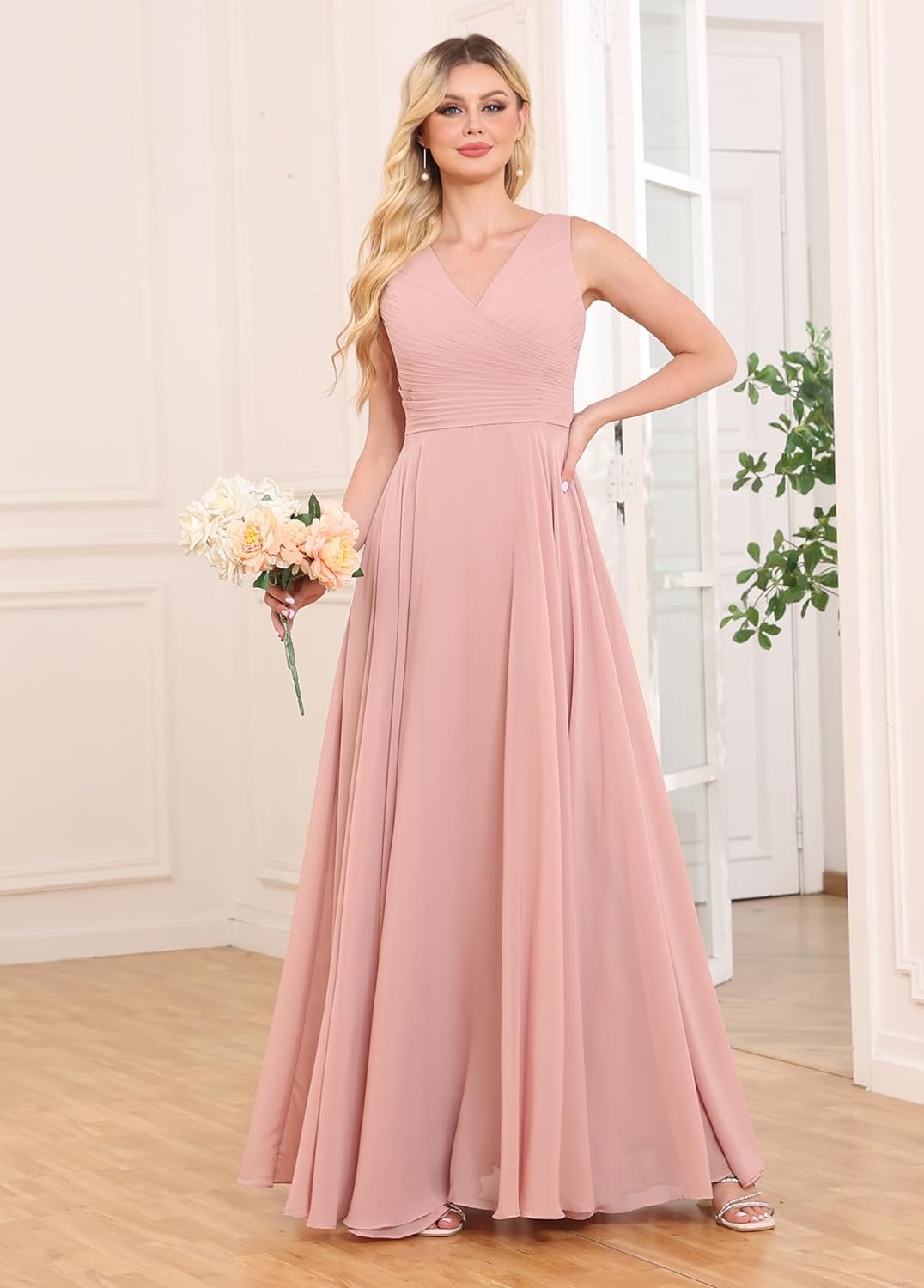 Chiffon Bridesmaid Dresses Long for Women A Line Ruched Formal Porm Evening Gowns