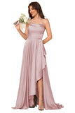 Women's Long Satin Bridesmaid Dresses Spaghetti Strap Halter Formal Evening Gown Ruffle High Low Wedding Guest Dress