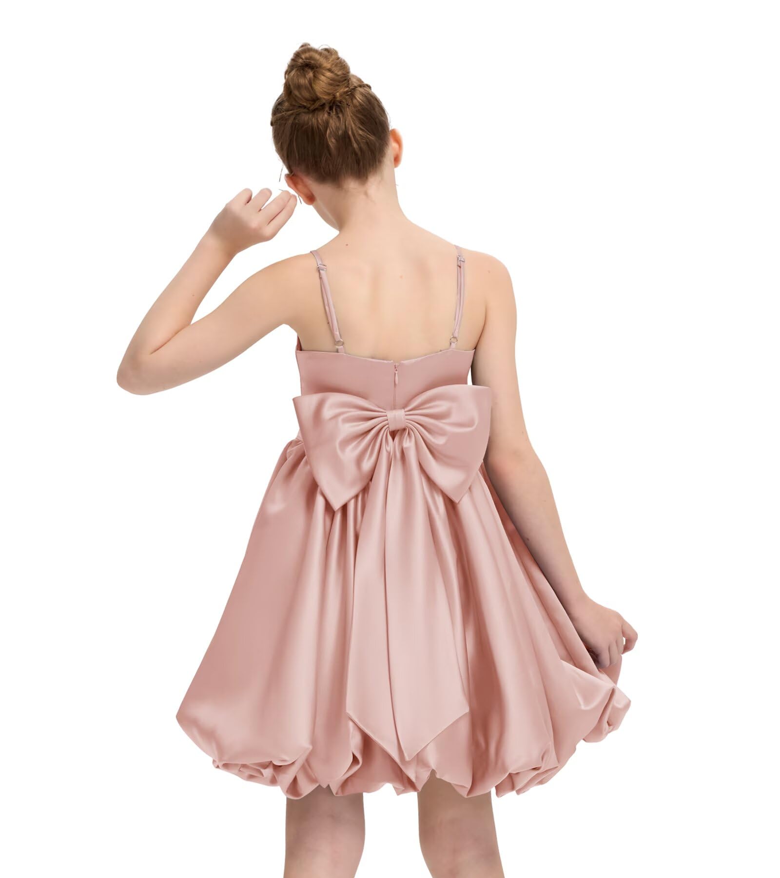 Satin Homecoming Dress for Girls Short Satin Flower Girl Dresses for Wedding Party Prom Gown with Bow