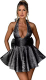 Satin Halter Homecoming Dresses for Teens 2027 V Neck Jacquard A-line Short Prom Cocktail Gowns with Bow