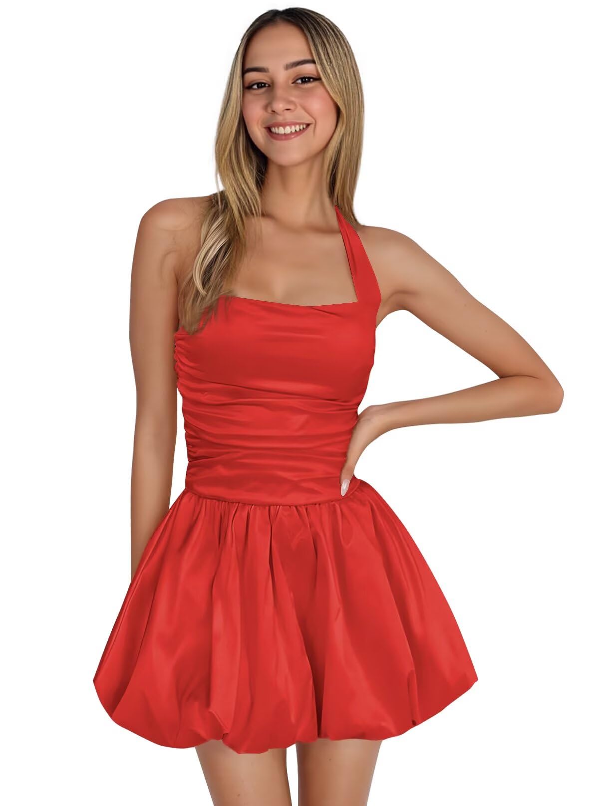 Satin Halter Homecoming Dresses for Teens Short Prom Dress 2027 Flower Bud Ruched Formal Cocktail Gown with Pockets