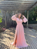 Women's Long Sleeve Bridesmaid Dresses with Slit V Neck A Line Chiffon Formal Evening Gowns with Pockets Mother of the Bride Gowns