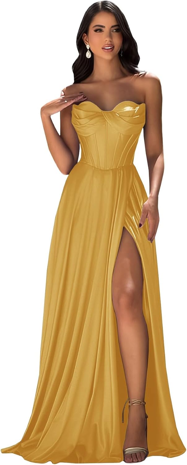 Strapless Prom Dress with Slit Satin A Line Long Ball Gowns for Women Sweetheart Corset Formal Dress with Pockets