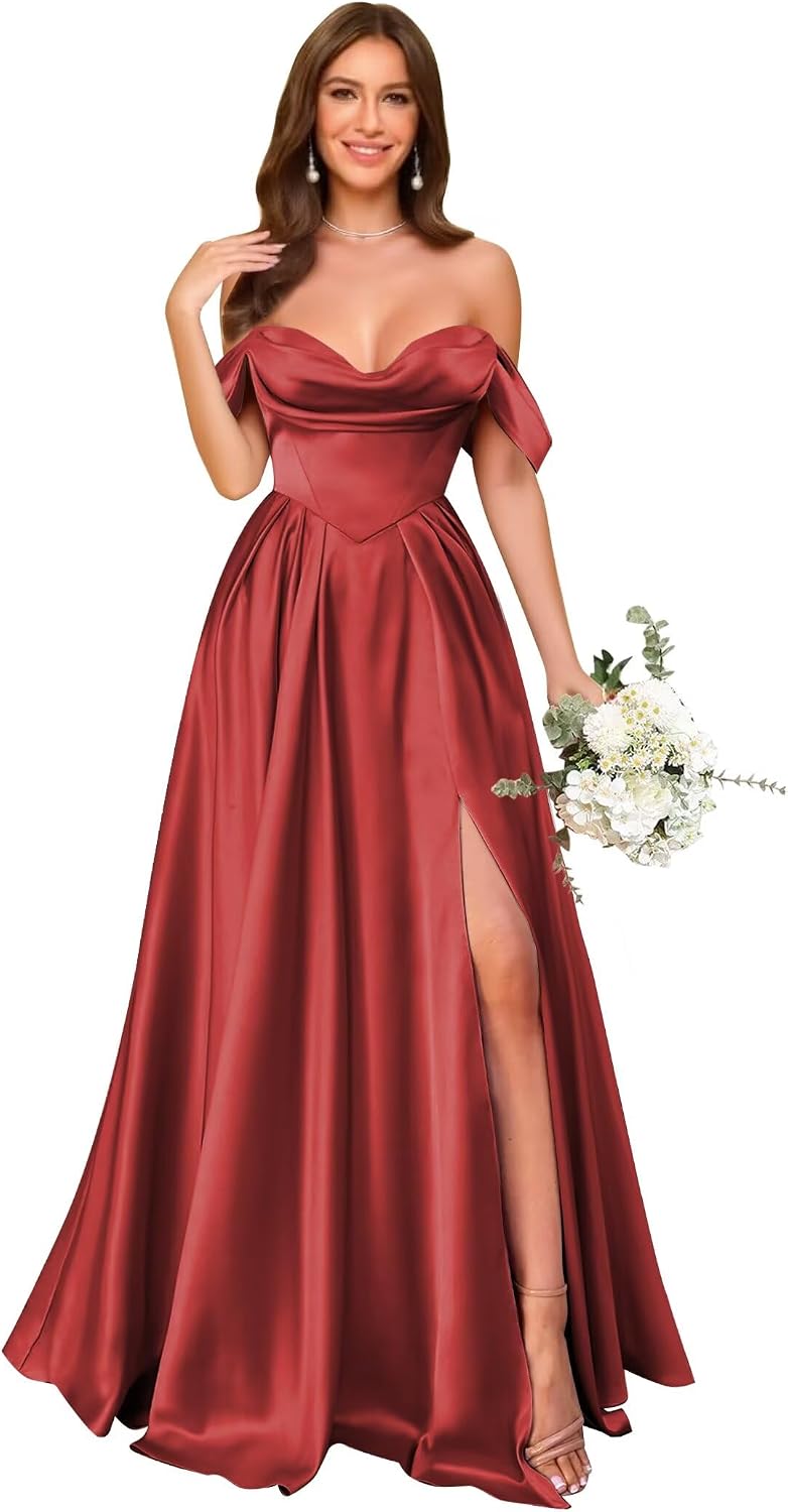 Off Shoulder Satin Bridesmaid Dresses Long Pleated Formal Dresses A Line Evening Gowns with Slit