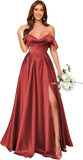 Off Shoulder Satin Bridesmaid Dresses Long Pleated Formal Dresses A Line Evening Gowns with Slit