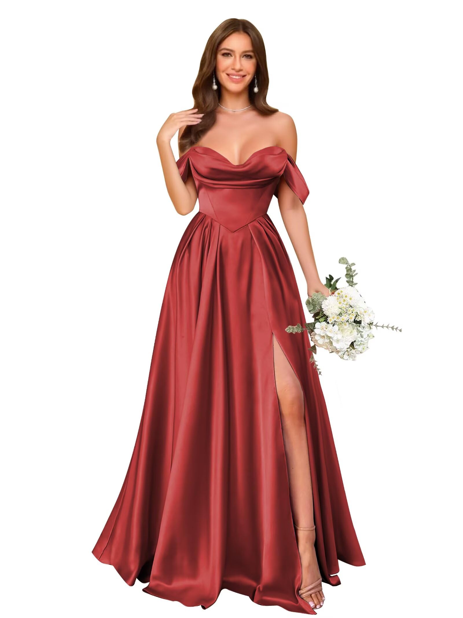 Off Shoulder Silk Satin Bridesmaid Dresses Long Pleated Formal Dresses A Line Evening Gowns with Slit